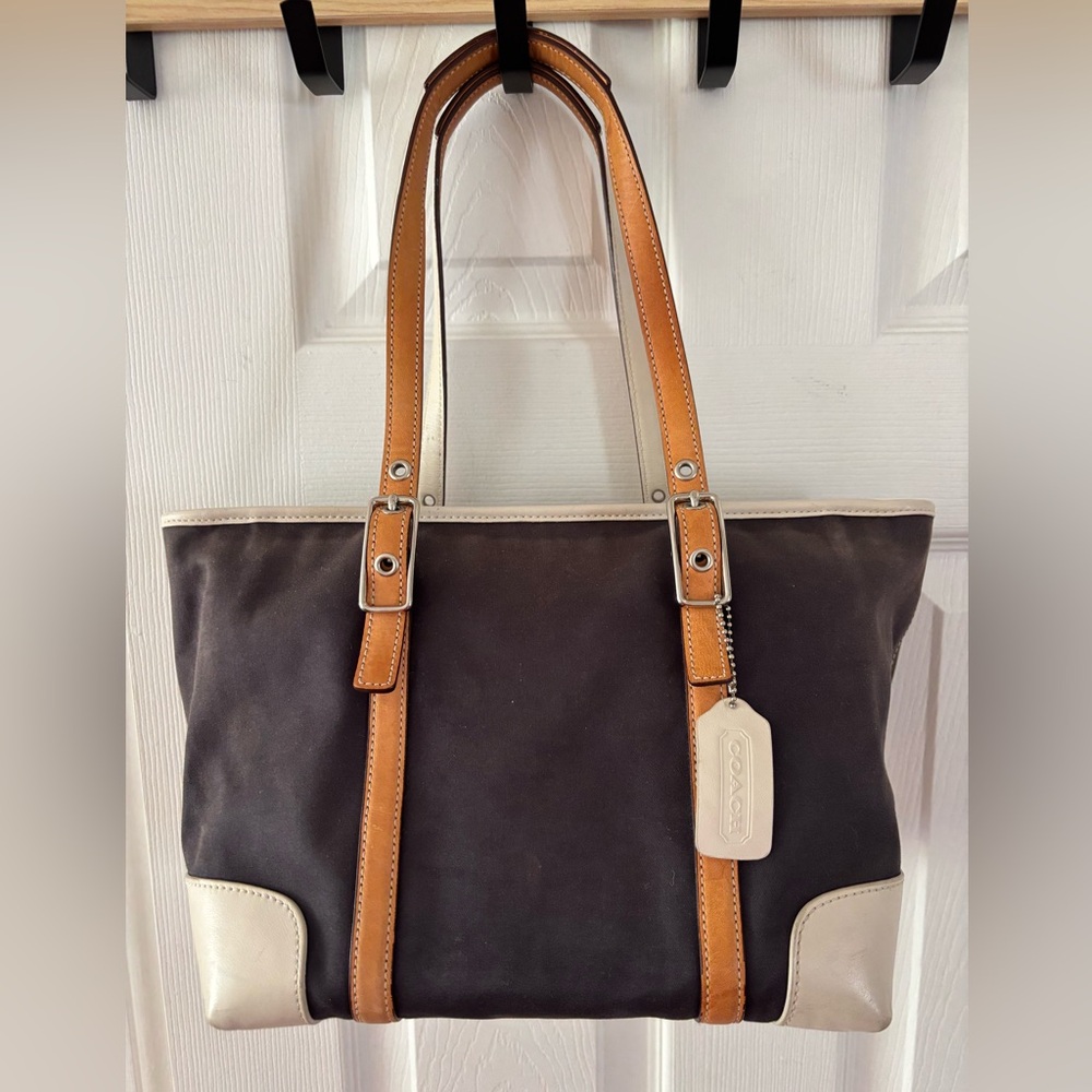 Coach VINTAGE Y2K M23-7577 Hamptons Weekend Navy Twill/Leather Shoulder Tote EUC